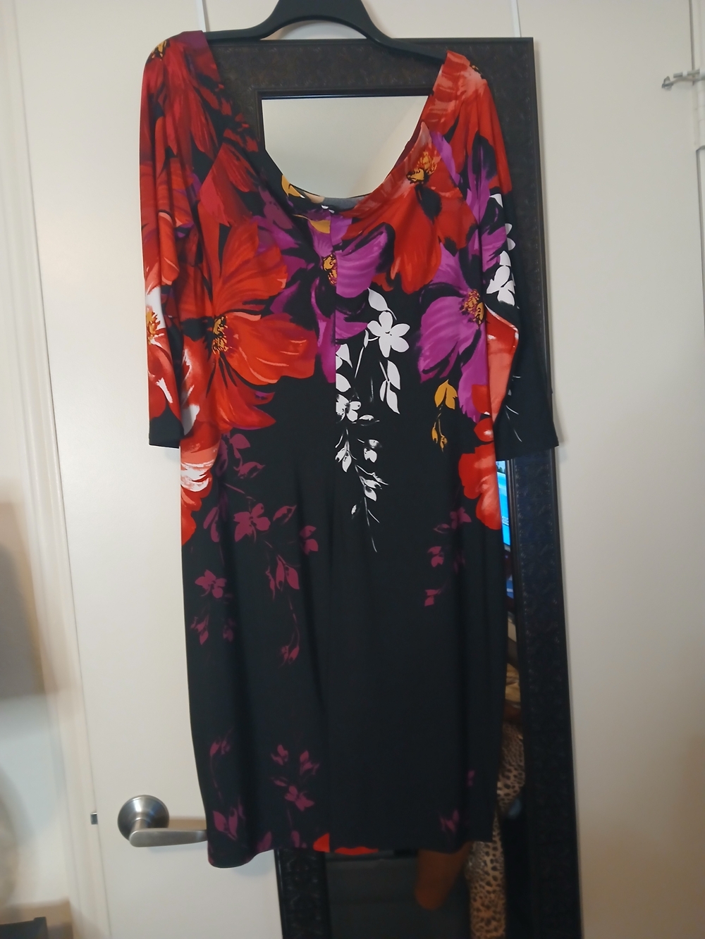 VENUS Black Scoop-Neck Midi Dress with Red & Purple Floral Print